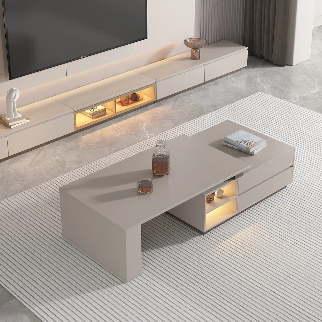 Modern Rectangular Extendable Coffee Table with Drawer Storage And Sensor LED Lights