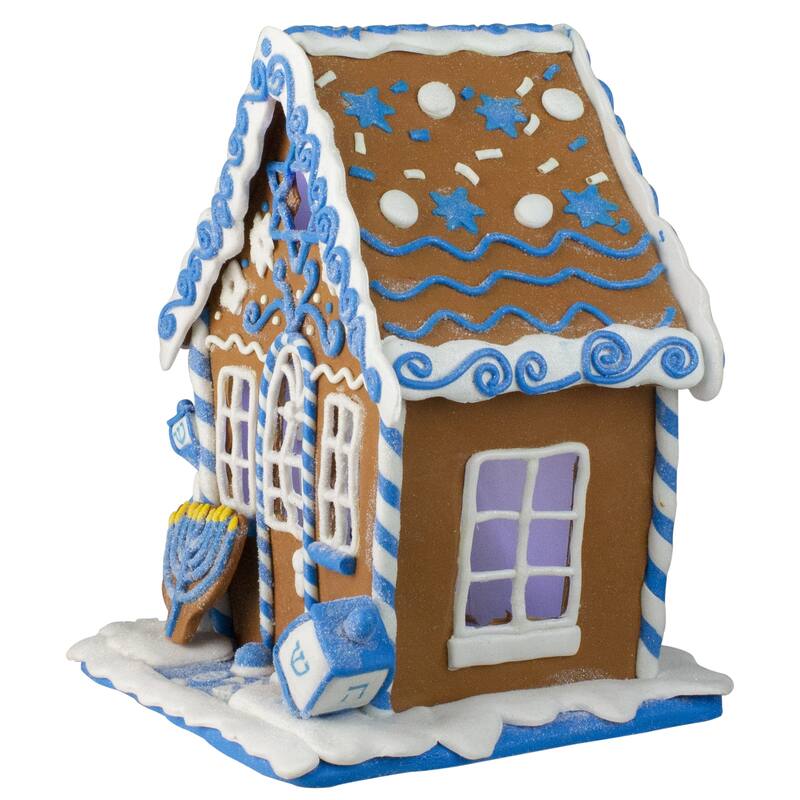 8" White Blue Festive Hanukkah Gingerbread LED House Tabletop Decor