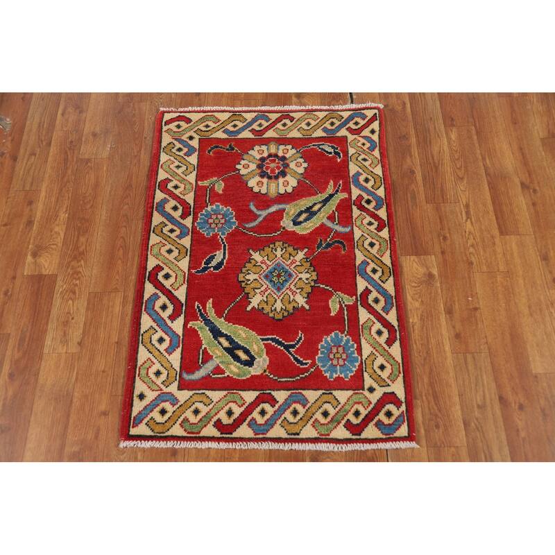 Floral Red Kazak Oriental Foyer Rug Handmade Wool Carpet - 2'0" x 3'0"