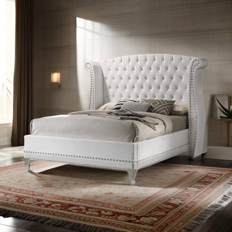 Dini Wingback Queen Bed, Crystal Button Tufting, White Velvet Upholstery
