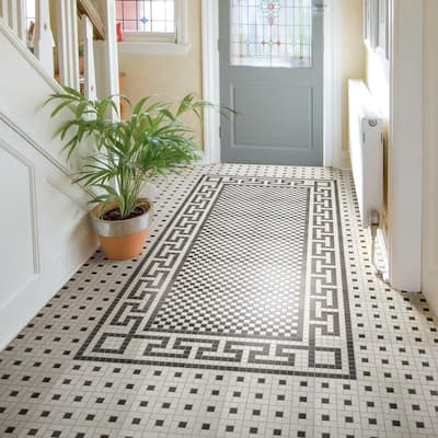 Merola Tile Gotham 1" Greek T Border Unglazed Black and White 7-3/4" x 8-3/4" Porcelain Floor and Wall Tile