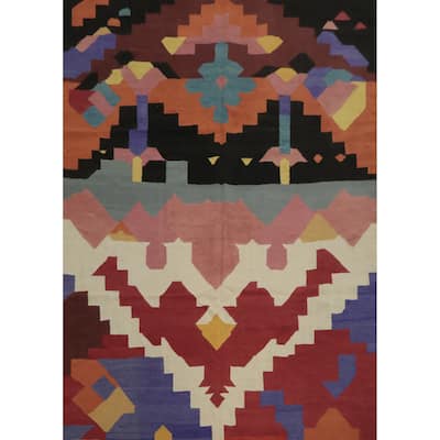 Hand Woven Oriental 100% Wool Carpet Southwestern Modern Multi-Colored Kilim Area Rug - 9' 11'' X 8' 2''