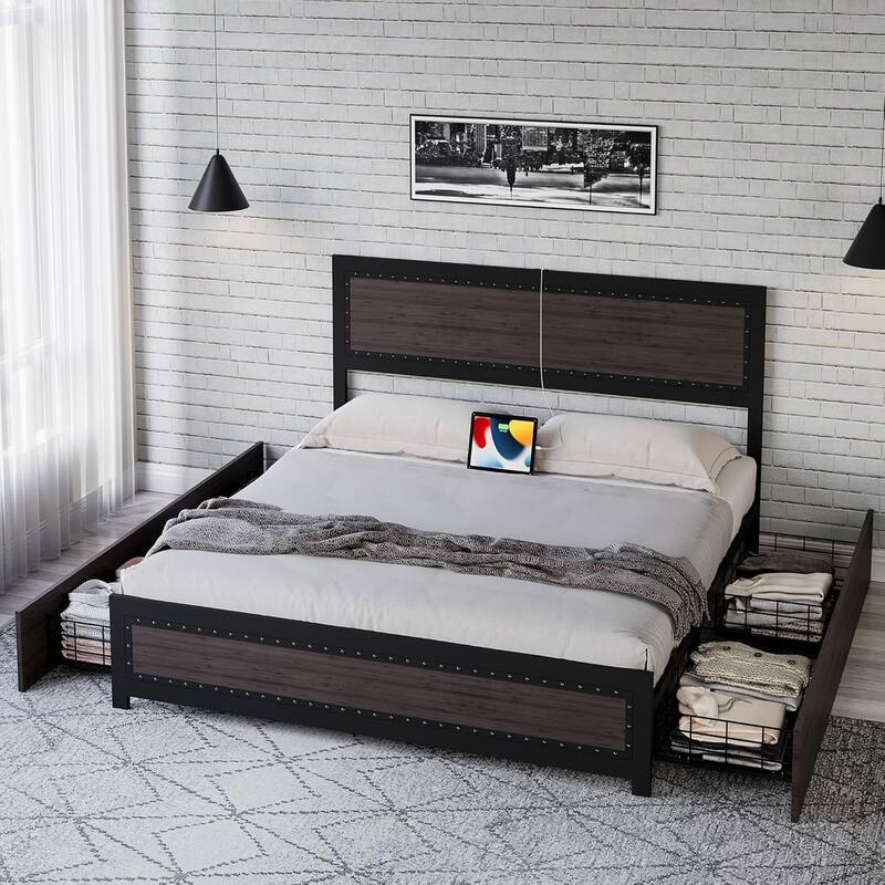 Full/Queen/King Bed Frame With Headboard, Industrial Platform Bed Frame With 4 Storage Drawers and Charge Station