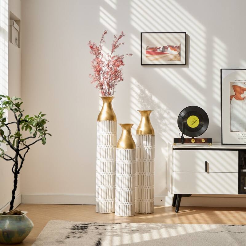 Set of 3 Tall White & Gold Metal Cylinder Vases - Glam Geometric Floor Vases for Modern Home Decor (24", 28.7", 33.4" Heights)