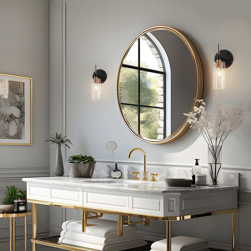 Modern Farmhouse 1-Light Black Gold Wall Sconce Light Fixture with Glass Shade