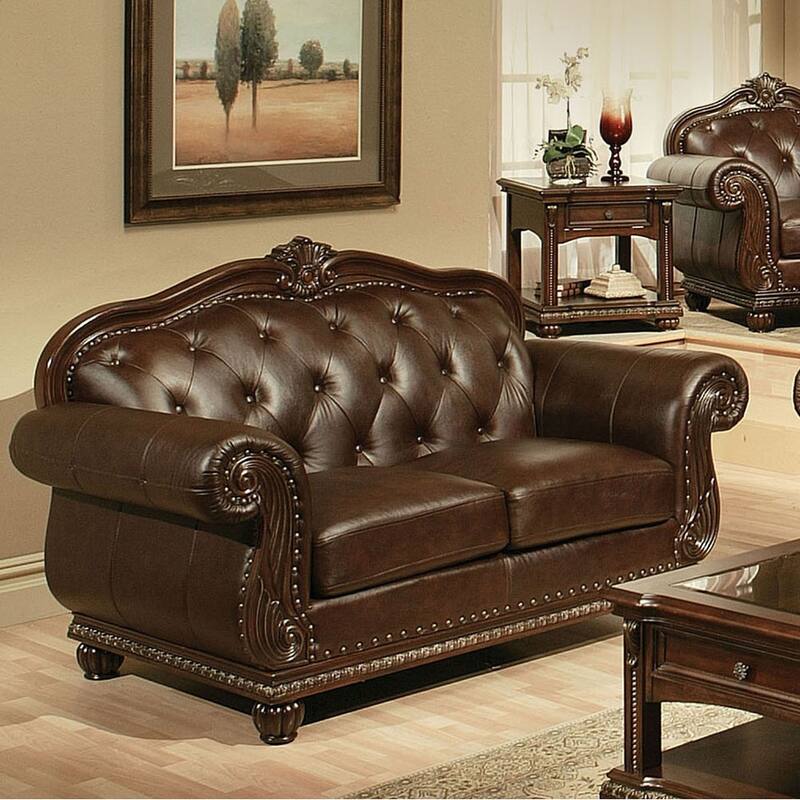 Arundele Espresso and Cherry Loveseat with Button Tufted