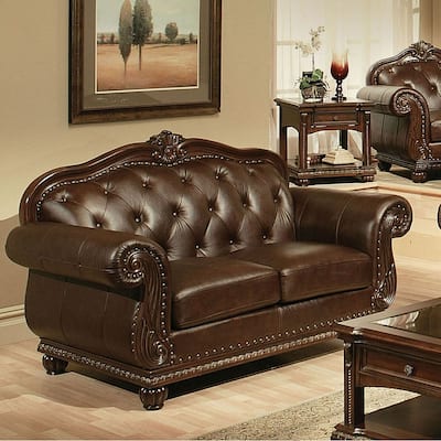 Arundele Espresso and Cherry Loveseat with Button Tufted