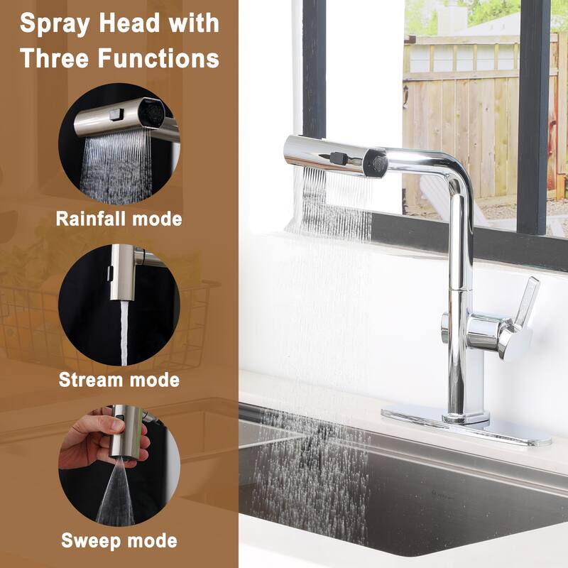 Single Handle Pull Out Sprayer Kitchen Faucet with 3 Functions Spray, 360° swivel
