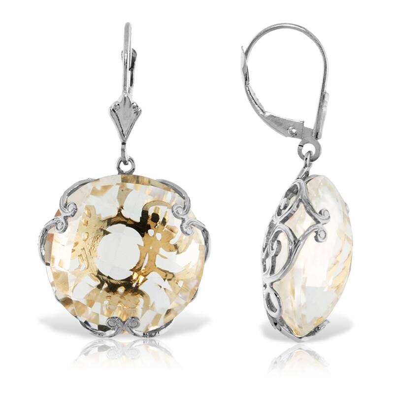 14K Solid Gold Leverback Earrings Round White Topaz Certified - White