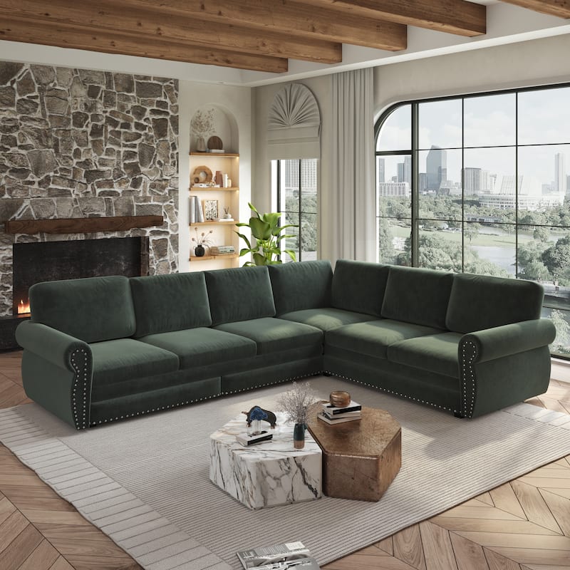 L-Shaped Sectional Sofa with Pull-Out Bed, Oversize Convertible Sleeper Sofa with Rolled Arms, Chenille Upholstery