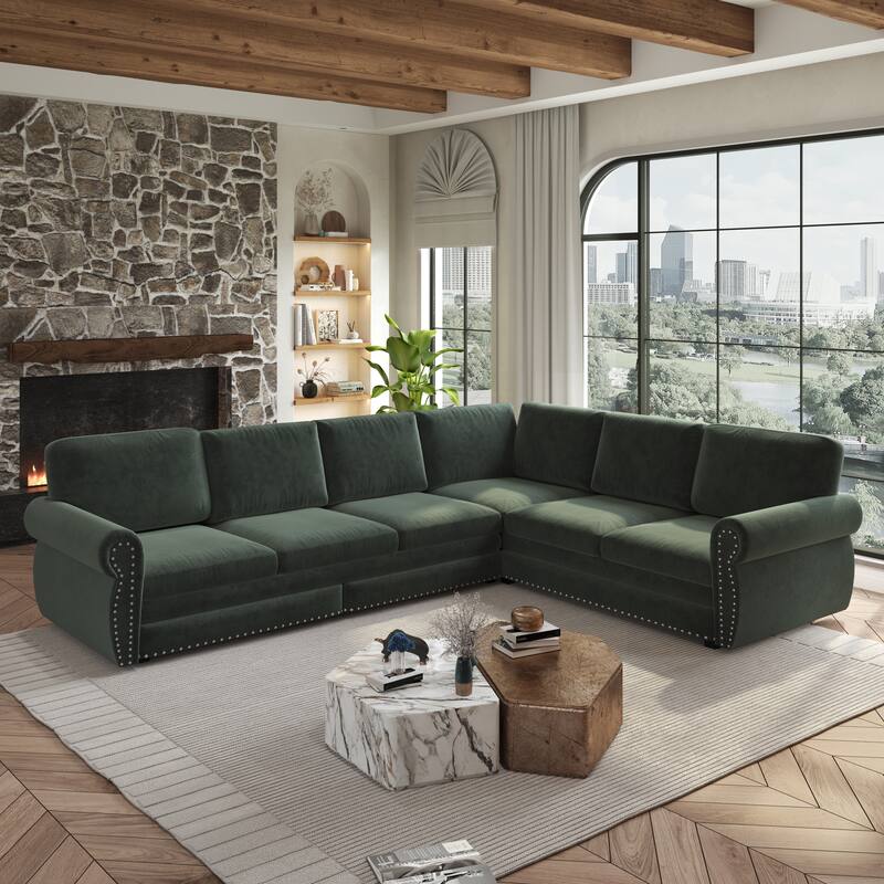 L-Shaped Sofa Couch with Pull-Out Bed, Convertible Sleeper Sofa with Nailhead Trim & Rolled Arms, Chenille Upholstered Couch