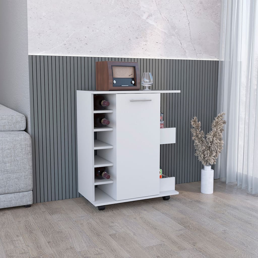 Lothian Bar cart with Casters, 2-Side Storage Shelves and 6-Wine Bottle Rack