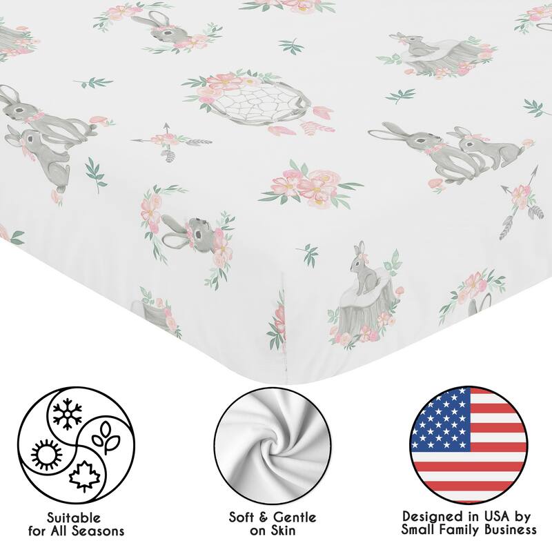 Sweet Jojo Designs Woodland Bunny Floral Girl 2 Pack Fitted Crib Sheets - Solid Pink & Shabby Chic, Boho, Watercolor Rose Flower