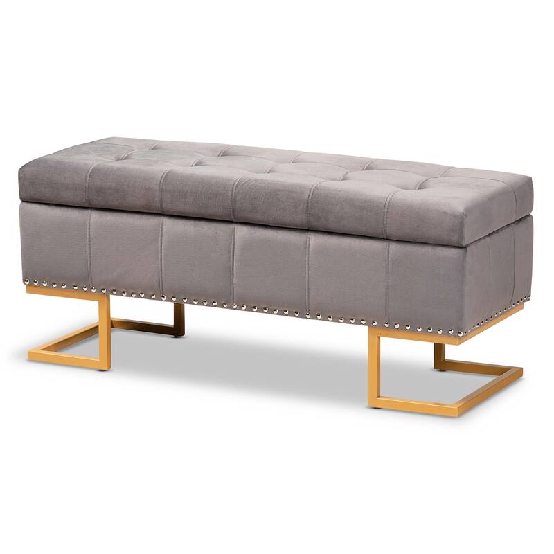 Ellery Luxe and Glam Velvet and Gold Finished Metal Storage Ottoman - Grey