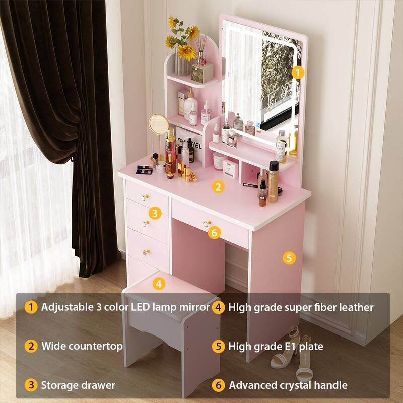 Makeup Vanity Set wi/Lighted Mirror, Storage Shelves and Drawers White - 31.5"L x 15.7"W x 55.1"H