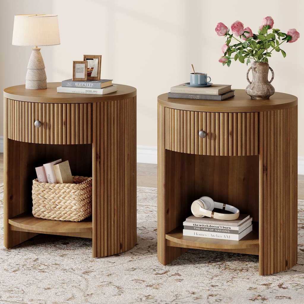 2-Tier Round End Table with Drawer, No Assembly Required, Wooden Beside Table, Circle Nightstand for Bedroom, Living Room