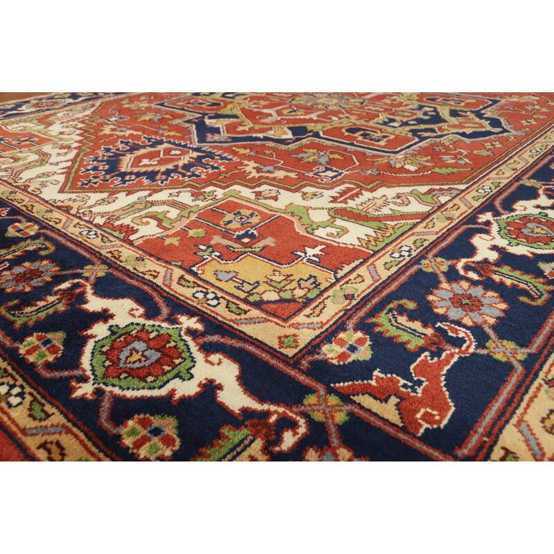 Orange Medallion Heriz Serapi Indian Area Rug Hand-Knotted Wool Carpet - 9'0" x 11'11" - 9'0" x 11'11" - Orange
