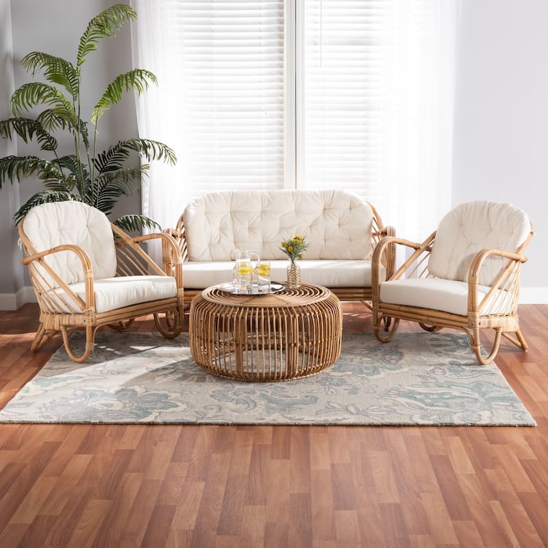Aliane Modern Bohemian Natural Brown Antique Rattan 4-Piece Living Room Set