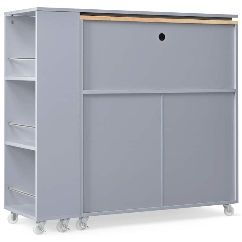 Mobile Kitchen Island on Wheels with Fluted Glass Doors, Rubberwood Top Kitchen Cart with Convertible Extended Table, Grey Blue