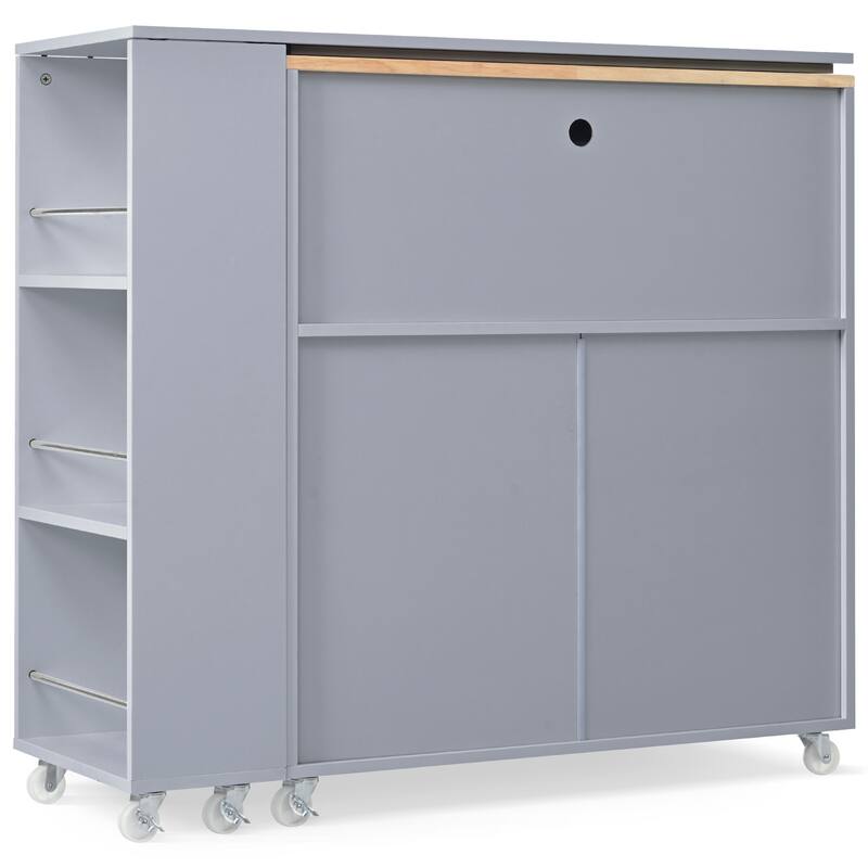 T-shape Grey Blue Kitchen Island Set w/ LED, Power Outlets and Wheels
