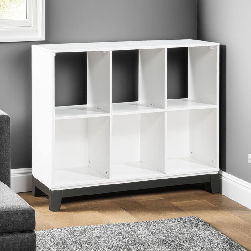 Thiem Bookcase, 6 Cubby Style Shelves, White, Black Veneer, 40 Inch