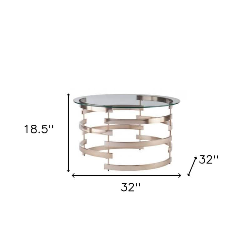 32" Round Clear Glass Coffee Table with Champagne Iron Base Contemporary Living Room Table - 32”L x 32”W x 18.5”H