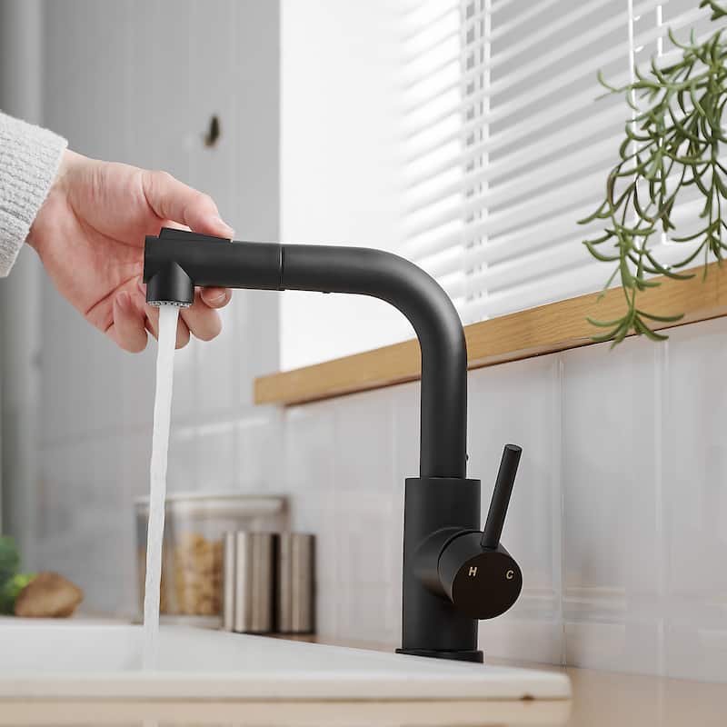 Single-handle Bathroom Pull Out Sink Faucet in Brushed Nickel / Matte Black - Black