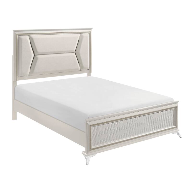 Modern Queen Bed with LED Upholstered Headboard, White and Gold Finish