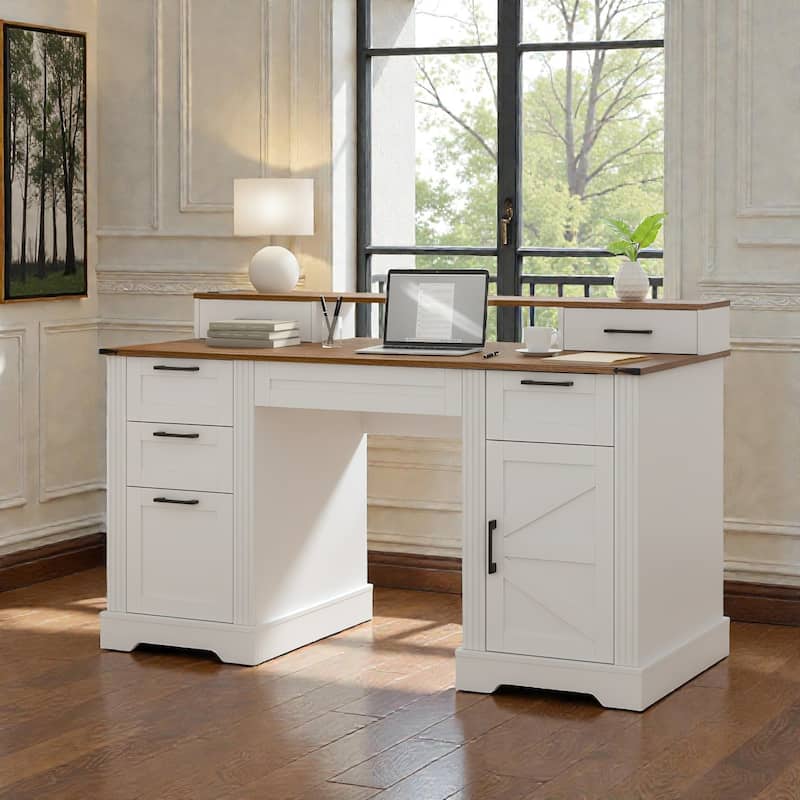 59 Inch Farmhouse Office Desk with Charging Station, Barn Door Desk with File Drawer Monitor Stand and Keyboard Tray