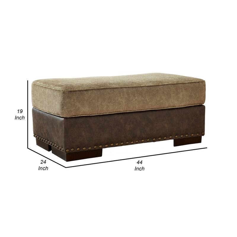 Srie 44 Inch Ottoman, Nailhead Trim, Plush, Faux Leather, Dual Tone Brown