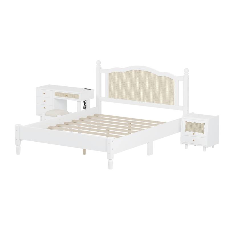 Wooden Platform Bed with Rattan Headboard Curved Wingback Bed Vintage Bed Frame Wood Slat Support Bed with Underbed Storage