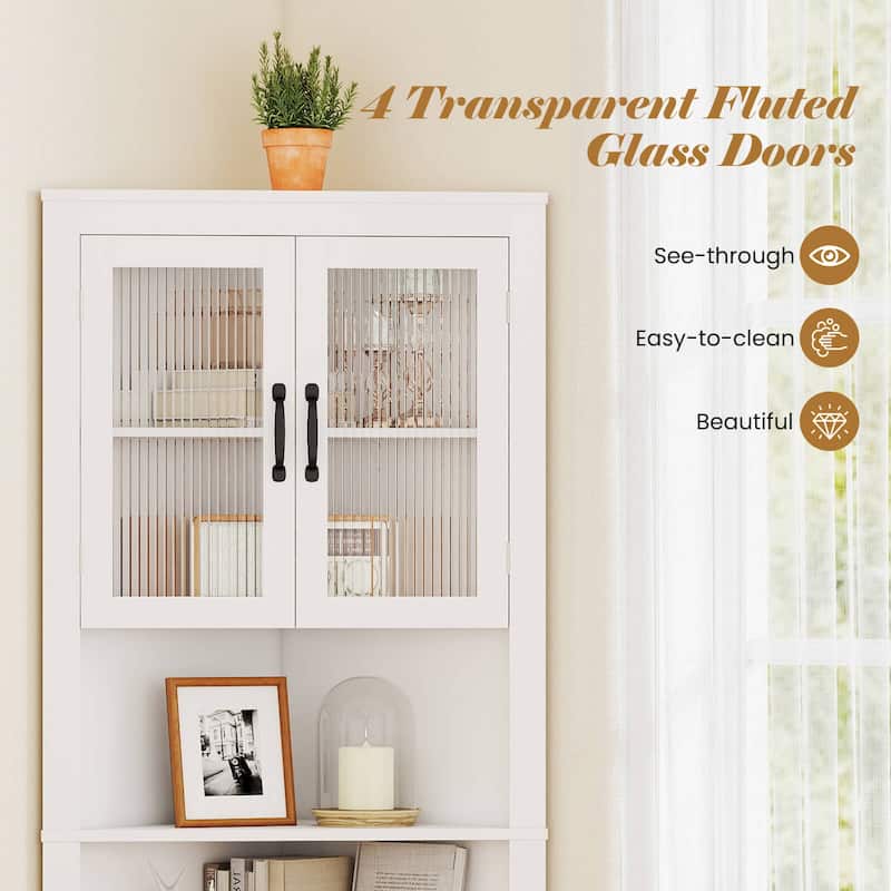Costway 67" Tall Corner Hutch with 4 Fluted Glass Doors 3-Level - See Details