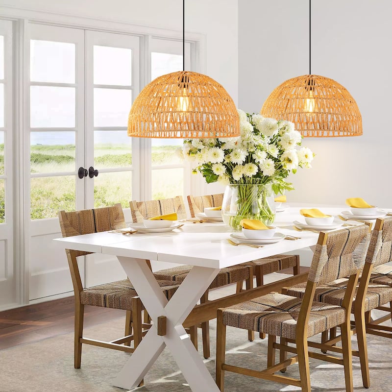 1-Light Modern Boho Single Bowl Hand Woven Rope Dome Pendant Kitchen Island Lighting