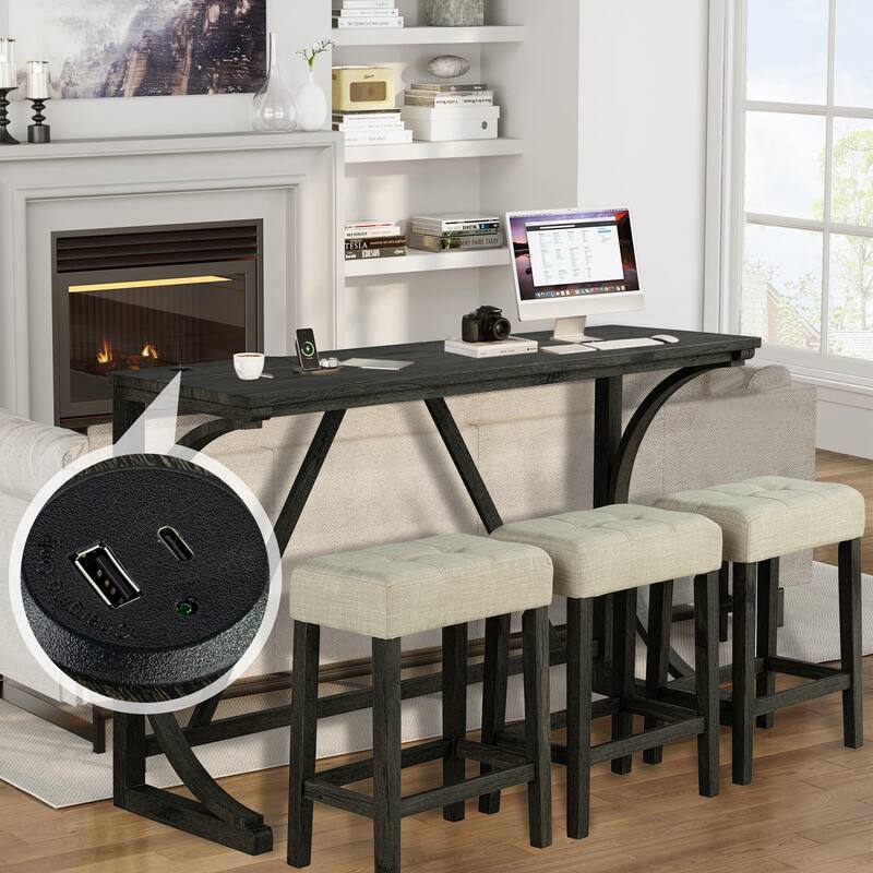 Brown Kitchen Counter Height Dining Table Set with 3 Upholstered Stools