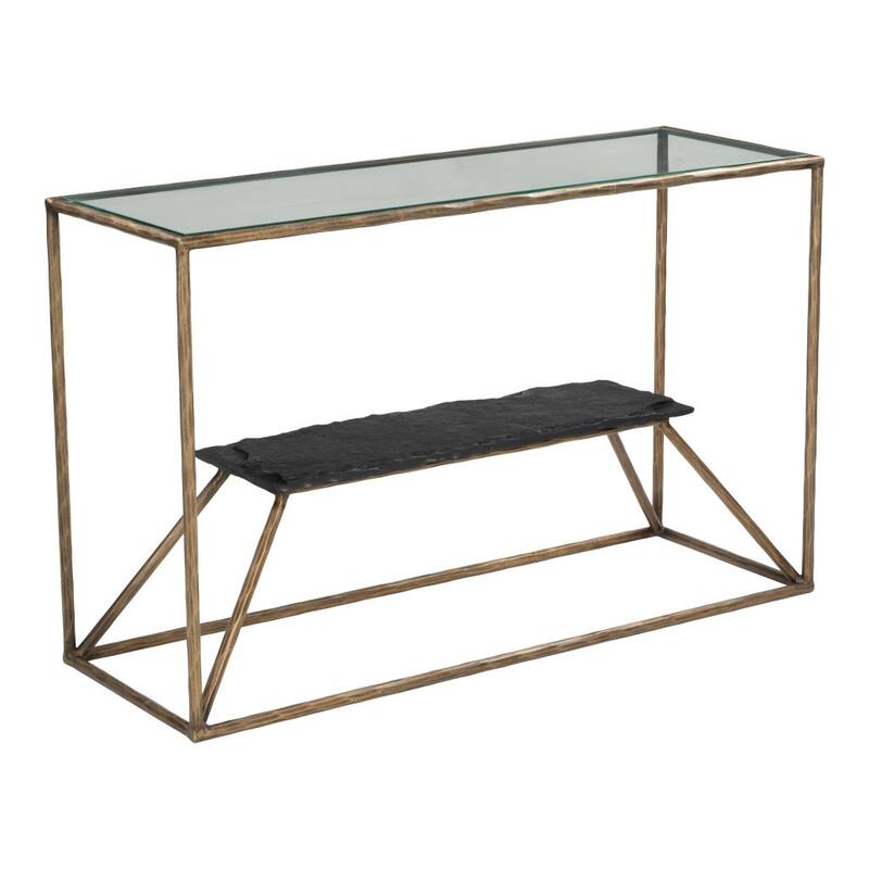 HomeRoots 48" Clear and Brass Glass Iron and Stone Frame Console Table With Shelf - 48.00 in. x 29.90 in. x 17.00 in.