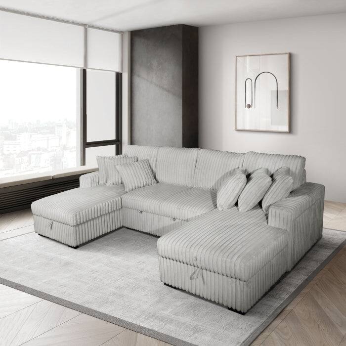 Modern U-Shaped Sectional Sofa Bed with Storage Chaises, USB Port, Wireless Charger and Pillows - Silver