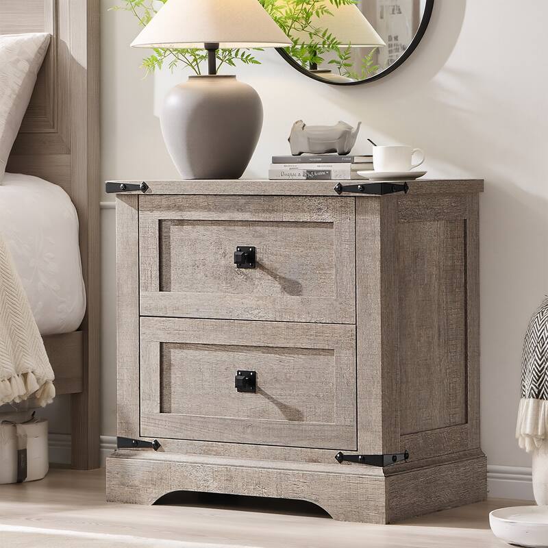 Farmhouse 2 Drawers Nightstand with Charging Station, Large End Table - Grey