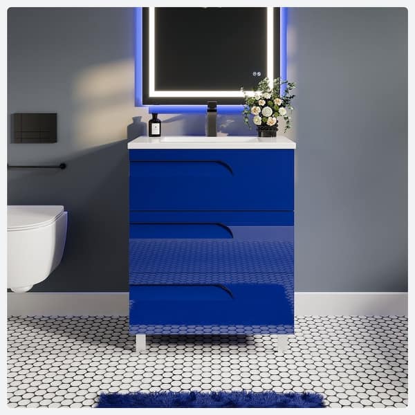 Joyous 32 in. W x 18 in. D x 34 in. H Freestanding Bath Vanity in Blue with White Porcelain Top