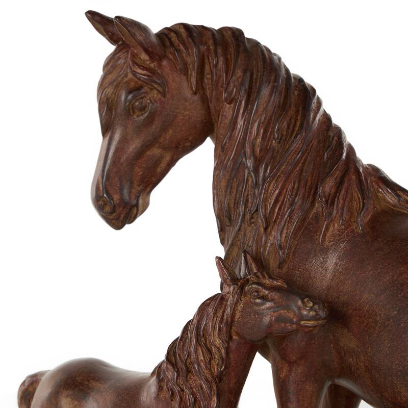 Dark Brown Ceramic Mom and Baby Horse Decorative Sculpture with Black Rectangle Base