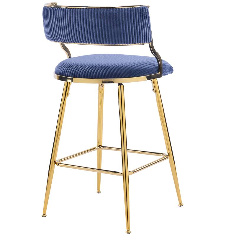 Set of 2 Modern Blue Corduroy Bar Stool with Curved Backrest and Gold Steel Frame for Indoor Use