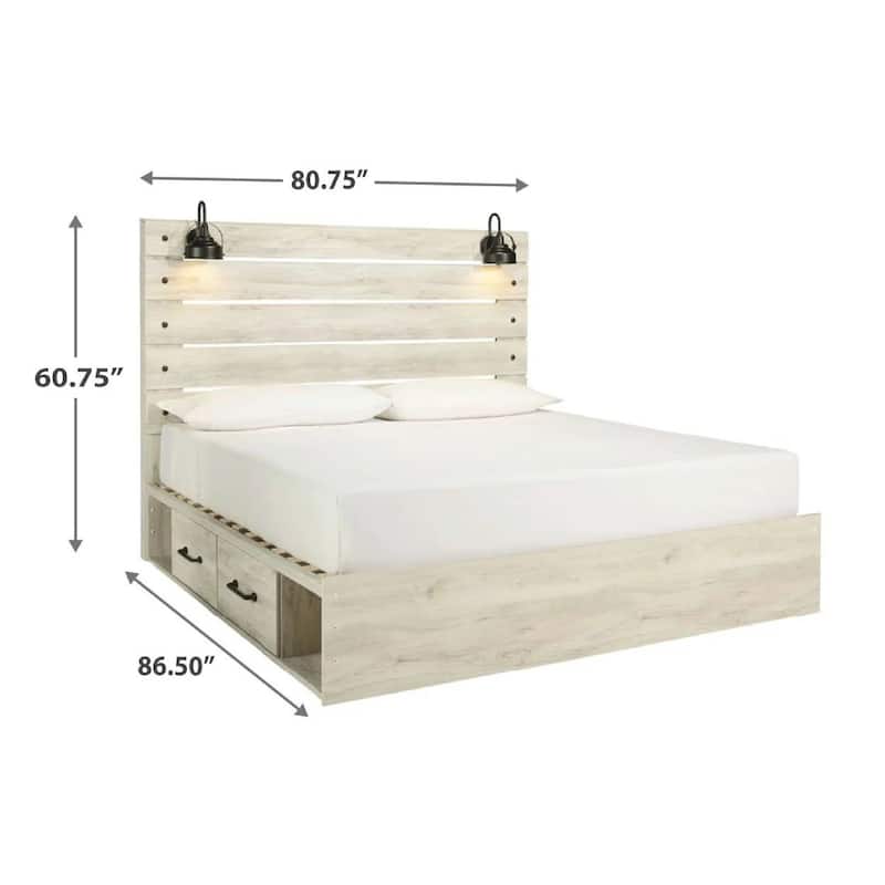 Cemy Rustic King Panel Bed, 2 Sconce Lights and 4 Drawers, Whitewash