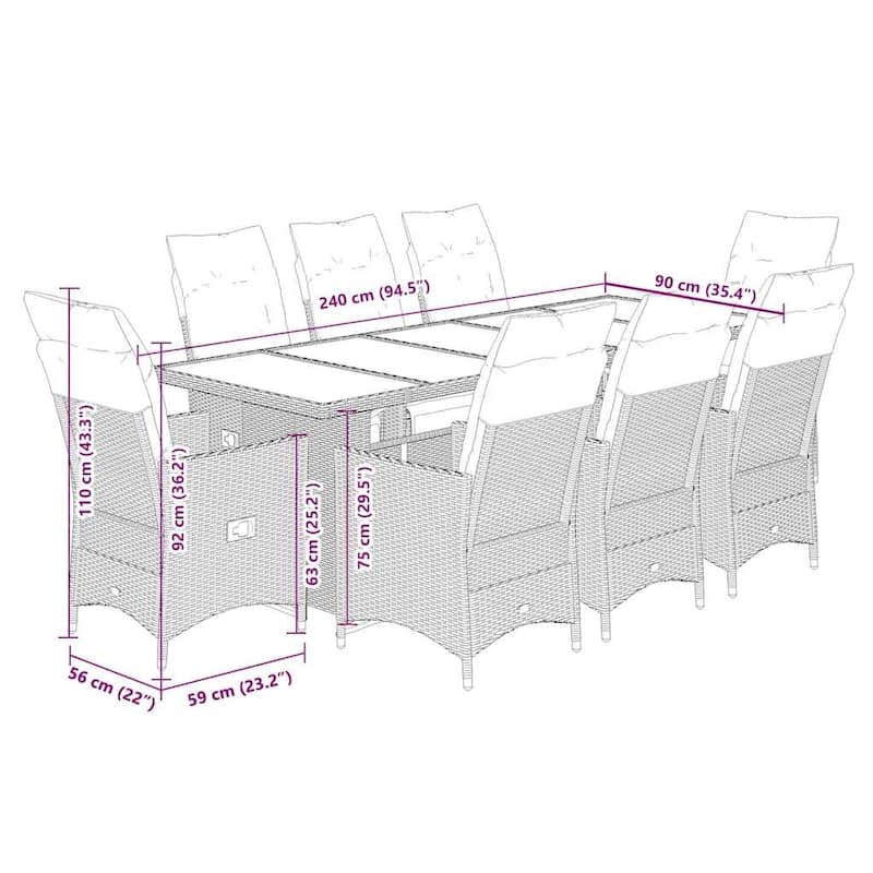 vidaXL Patio Bistro Set with Cushions Outdoor Garden Furniture Poly Rattan - 35.4 x 94.5 x 29.5