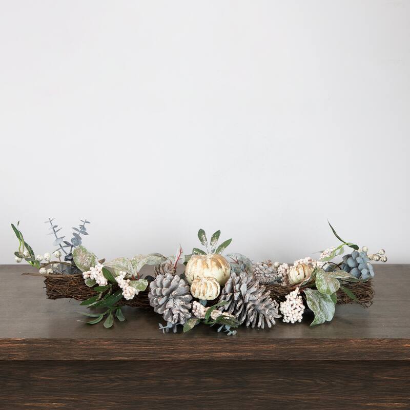 36" Neutral Colored Pumpkin and Pine Cones Fall Harvest Swag - Unlit