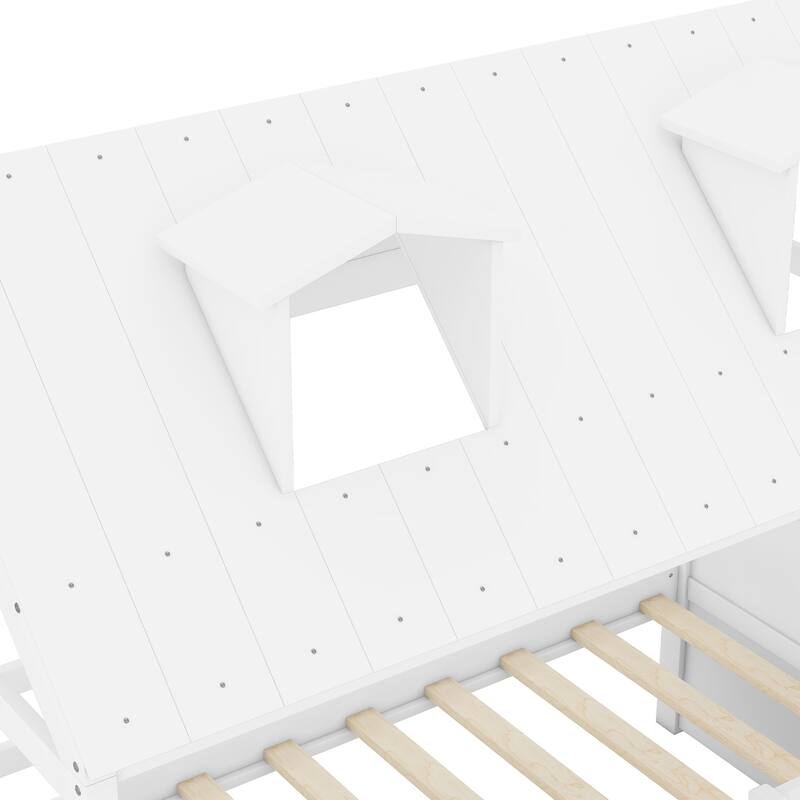 Twin Size Wooden House Bed Frame with Roof and Ladder, White