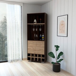 FM Furniture Bahamas Corner Bar with 10 Wine Cubbies, Double Door Cabinet, 2 Open Shelves, and Cup Rack - N/A