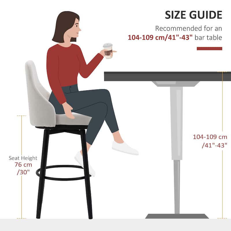 HOMCOM Extra Tall Bar Stools Set of 2, Modern 360° Swivel Barstools, Dining Room Chairs with Steel Legs and Footrest