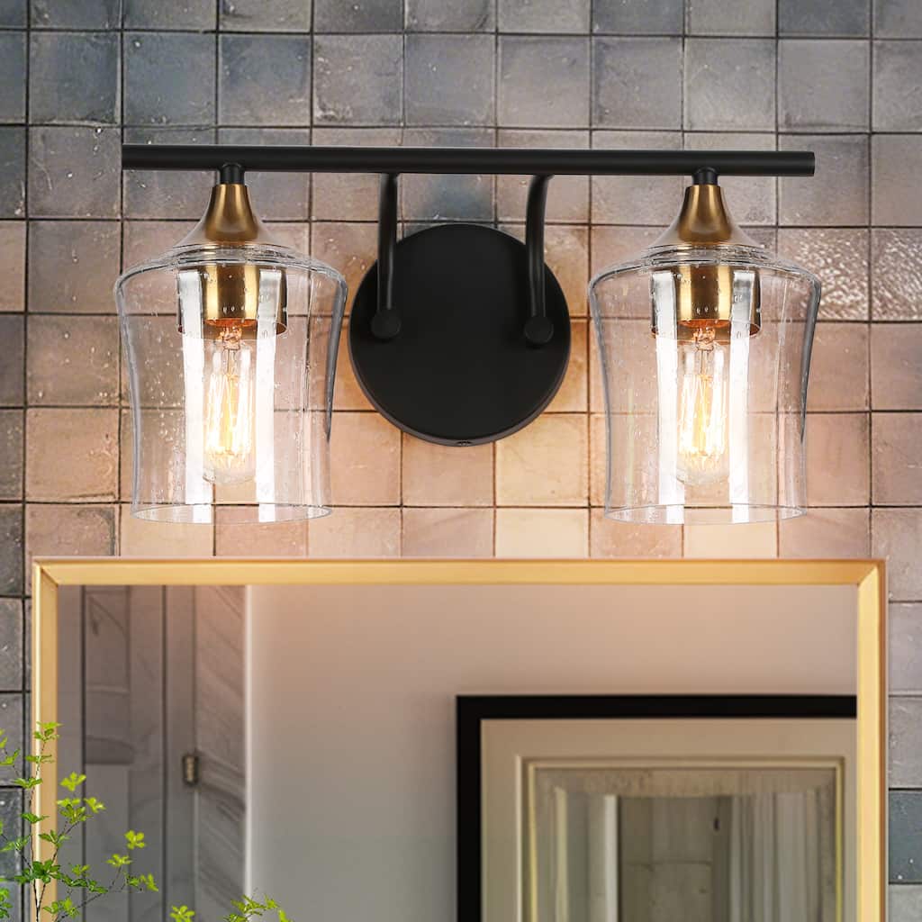 Modern Black Gold 2-Light Bathroom Vanity Lights Seeded Glass Wall Sconce Lighting - 14" L x 7" W x 7" H