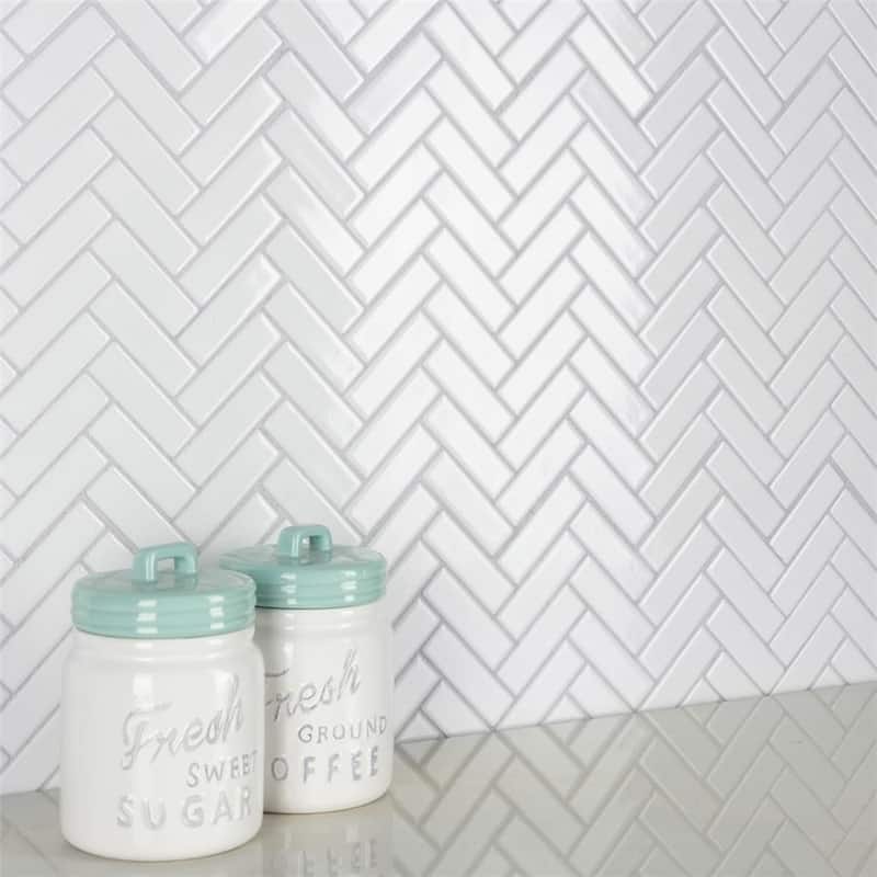Merola Tile Metro Brick Herringbone Glossy White 10-5/8" x 12-1/2" Porcelain Mosaic Tile
