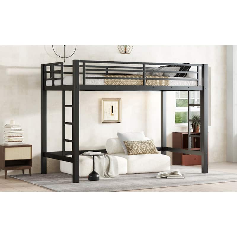 Roomfitters Metal Loft Bed with Dual Ladders, High Sleeper Frame with Under Bed Storage Space, Black