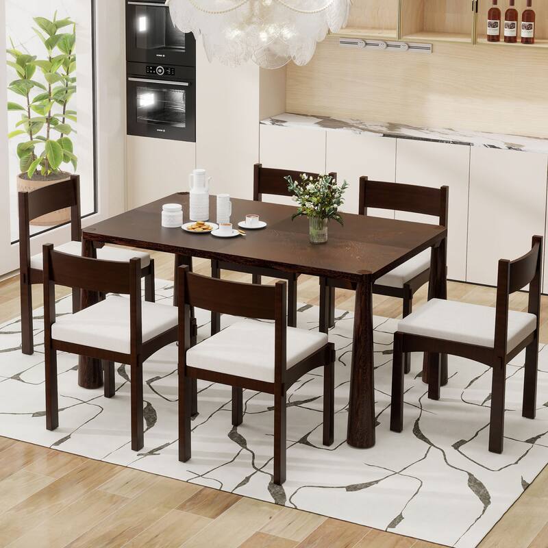 Roomfitters 7-Piece Vintage Wood Dining Set for 6 with Upholstered Chairs, Retro Kitchen or Dining Room Furniture